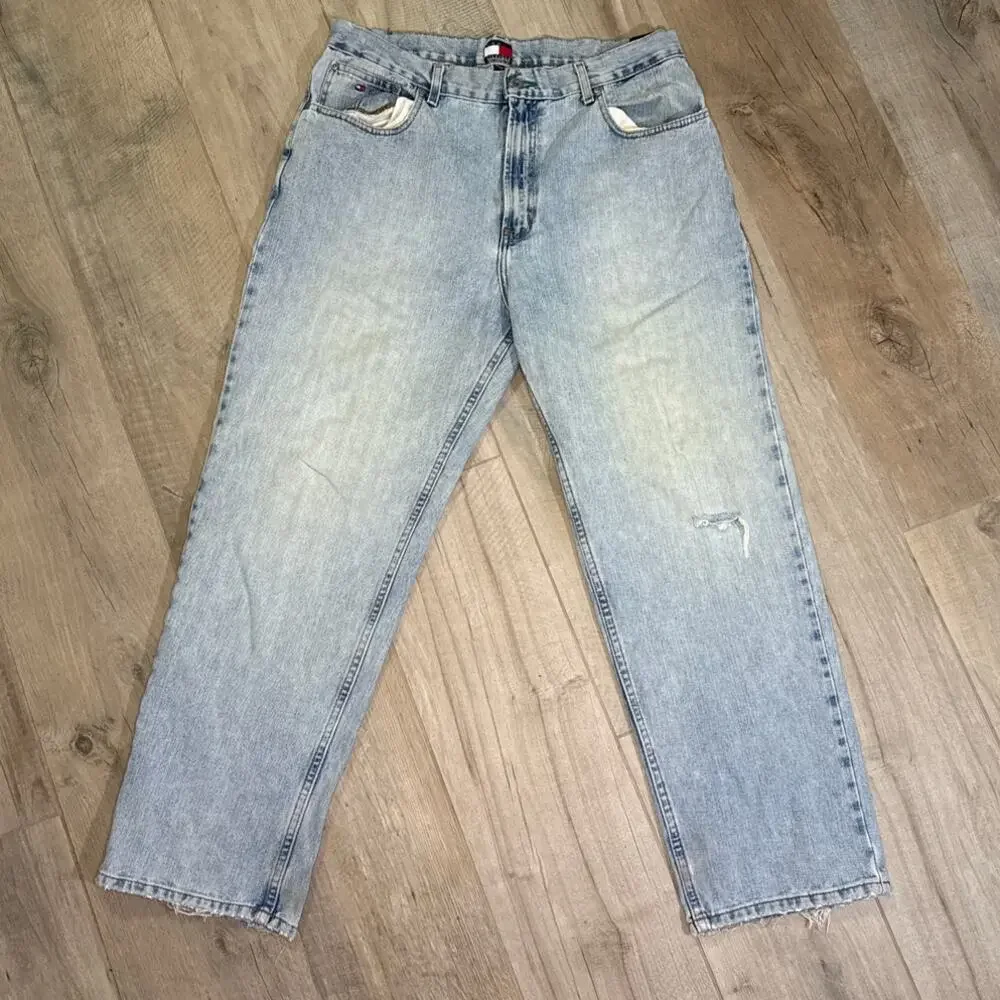 Vintage Y2K Distressed Tommy Hilfiger Flag Jeans Mens Size 36x30